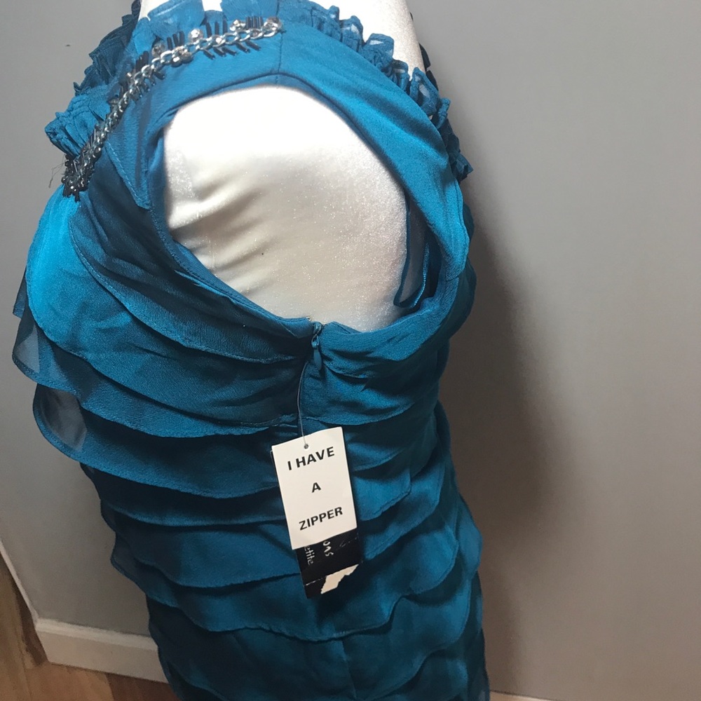 Beautiful NECKLINE!!! iridescent dark teal mother of Bride/ groom dress